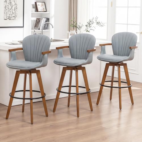 Image of LUNLING 26 inch Counter Height Stools Set of 2,Mid Century Modern Bar Stools,Blue PU Leather Kitchen Island Stools,Wood High Barstools Swivel with Back and Arms for Home Bar Furniture