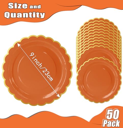 Image of HEIPINIUYE 50 Pieces Orange Paper Plates with Gold Foil 9 Inch Disposable Orange Scalloped Dinner Plates for Wedding Baby Shower Birthday Thanksgiving Party Dessert Plate