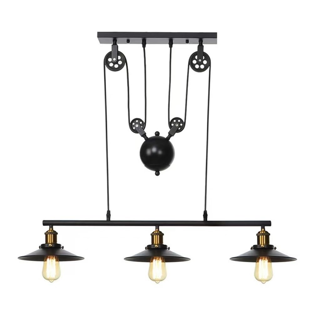 BLOOHK 3-Light Industrial Pulley Pendant Light, Matte Black Linear Island Chandelier Vintage Rustic Farmhouse Kitchen Table Adjustable Lighting