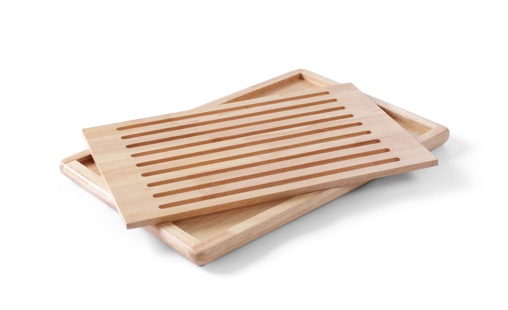 HENDI Tabla para cortar pan, con rejilla extraíble y bandeja recogemigas, tabla de picar pan, tabla de cocina, 475x322x(H)20mm, madera de caucho