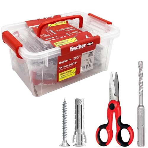 Fischer Vaschetta 500 Tasselli SX Plus 6mm con Vite + Forbici Ergonomiche + Punta Trapano SDS Plus, 570210
