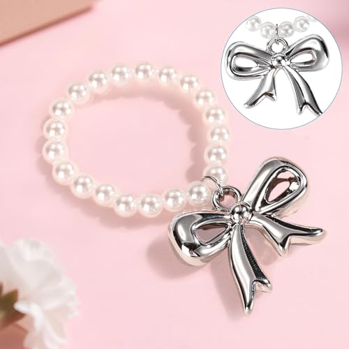 Doll Necklace Charm, White Pearl Necklace for 17cm Plush Doll with Bow-Knot Pendant Elegant Pearl Chain Jewelry for Toy Sweetheart Gift (Doll not Included)4