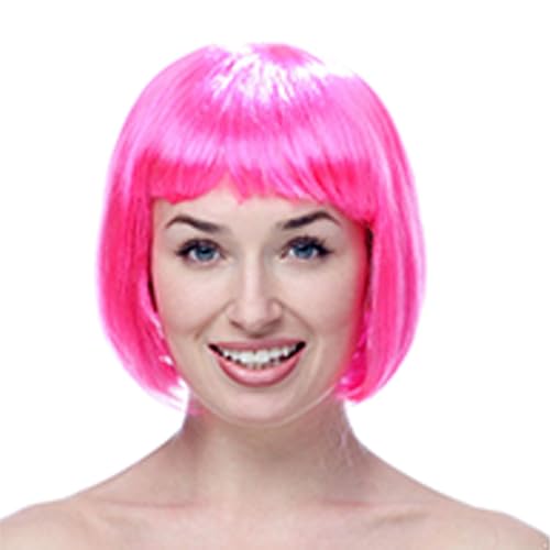FEESHOW Short Straight Bob Wig with Flat Bangs for Women Cosplay Role Play Party and Everyday Fashion Fuchsia One Size