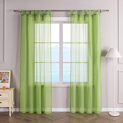 ESLIR Curtains with Tabs Window Curtain Transparent Voile Green W x H 140 x 225 cm Pack of 1, W 55.1" x L 57.1" (1 Panels)
