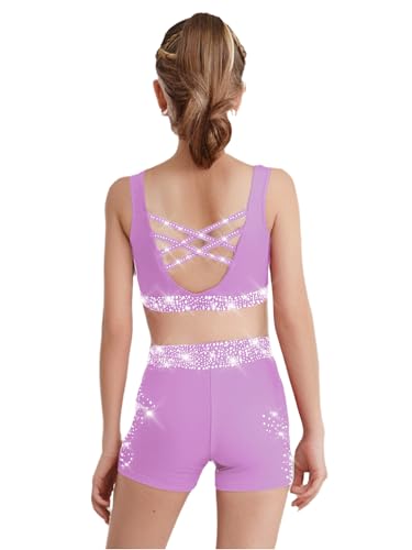 Kids Girls 3 Piece Gymnastic Dance Outfit Crop Top With Booty Shorts Hair Band Set For Yoga Training Light Purple 14 Years3