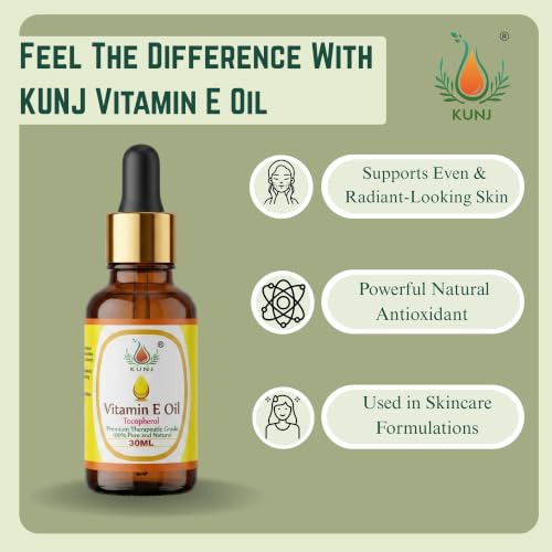 Image of KUNJ Vitamin E Oil 30ml - 100% Pure & Natural, Non-Sticky & Lightweight Therapeutic Grade Oil for Face Serum, Brightening, Anti-Aging, Hair & Nail Care, DIY Beauty Blends
