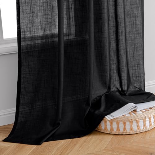 MIULEE Black Linen Curtains 90 Inch Length 2 Panels for Bedroom Living Room, Soft Thick Linen Textured Back Tab Window Drapes Semi Sheer Light Filtering Rod Pocket Modern Farmhouse Halloween Decor