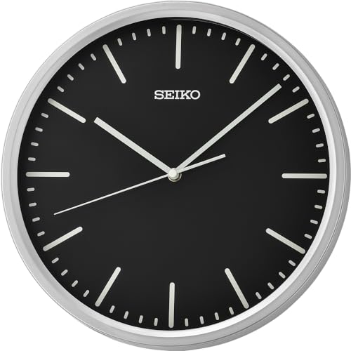 Image of SEIKO Elegant Round Silver Plastic Analog Home Decor Black Dial Wall Clock with Sweep Movement (Size: 30.5 x 4.5 x 30.5 CM | Weight: 670 gram | Color: Silver)