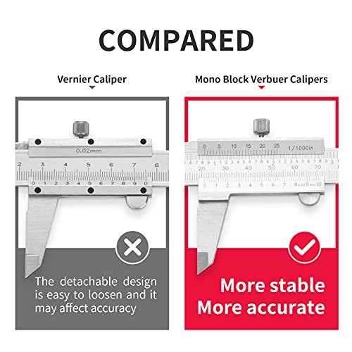 Calipers Tools Mono-Block Vernier Caliper, Thickened Stainless Steel 0-6" Inch/Metric 0-6" Range +/-0.02 Accuracy 0.02/0.001" Resolution Slide Calliper Rule Depth Gauges DRINYOUNG by DRINYOUNG - Image 2