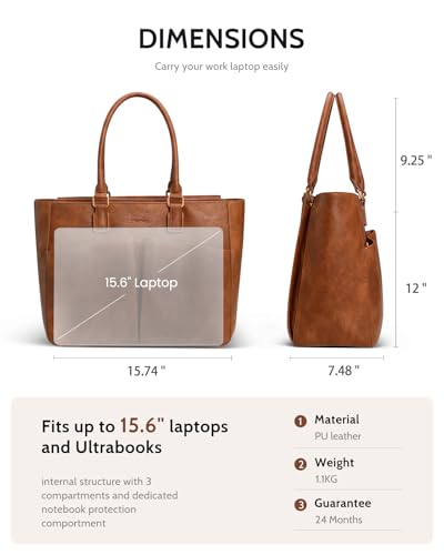 Image of Laptop Tote Bag for Women, Leather Work Tote with Padded Laptop Compartment, Cup Holder, Office Computer Briefcase
