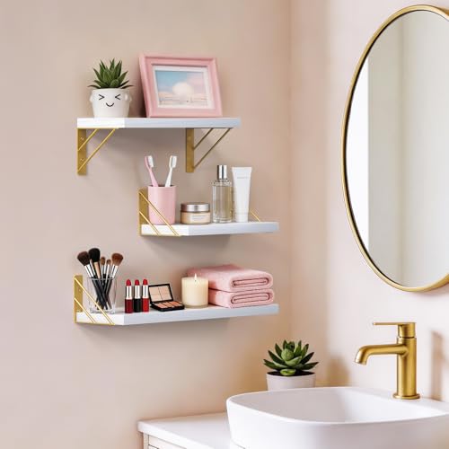 Image of BAYKA Wall Shelves for Bedroom Decor, Floating Wall Shelves for Living Room Kitchen Storage, Wall Mounted Rustic Wood Shelves for Kids Books,Corner Shelves for Bathroom(White and Gold,Set of 3)
