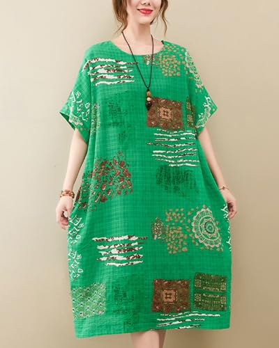 Image of LUZU JUNU Women's Summer Baggy Plus Size Loose Cotton Linen Long Boho Beach Dress with Pockets