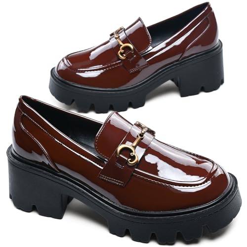 Image of Black Platform Loafers for Women - Women's Slip-On Leather Loafers, Chunky Comfort Shoes for Work & Dressy Occasions