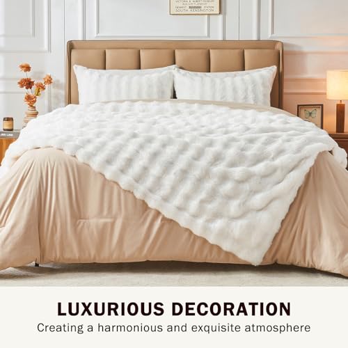 Image of EMME Faux Fur Blanket King Size White - Big Bubble Rabbit Cozy Blanket for Couch, Thick Furry Plush Shaggy Blankets, 650GSM, 108x90 Inches