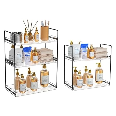 Bathroom Countertop Organizer, 2&3 Tier Acrylic Tray Vanity Counter Skincare Organizer Shelf, Kitchen Under Sink Standing Rack, Home Storage Holder for Lotion Makeup Cosmetics Perfume Spice, Black Cover