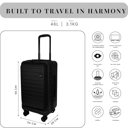 Image of F Gear Windsor Small 56cm German Makrolon Polycarbonate|Japanese Hinomoto Wheels|Front-Opening Trunk-Style Hard Luggage|Cabin Suitcase for Travel|Laptop Sleeve, Expandable & Anti-Theft Zipper| Black