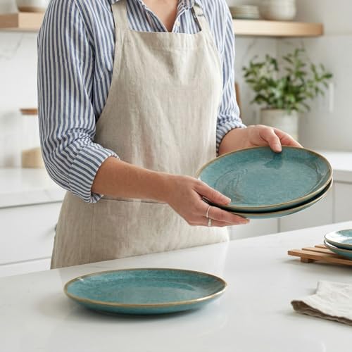 Image of Freakway Handcrafted Stoneware Ceramic Dinner Plates, Teal Reactive Glaze, 25.4 cm, Microwave & Dishwasher Safe, Set of 6