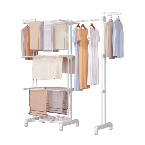 Oak & Tea Wäscheständer Turm, 83-200cm(Ausziehbar Flügeln), XXL Wäscheturm mit Rollen, 4 Etagen Wäscheständer, Großer Standtrockner, für Innen- und Außenbereich, Weiß