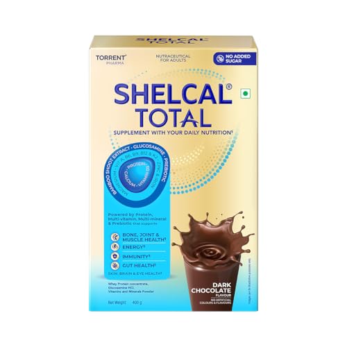 Image of Shelcal Total - Powered by Protein, Multi-Vitamin, Multi-Mineral & Prebiotic supports Bone, Joint & Muscle, Immunity, Gut Health, No Added Sugar (Dark Chocolate) 400g - By Torrent Pharma, Powder