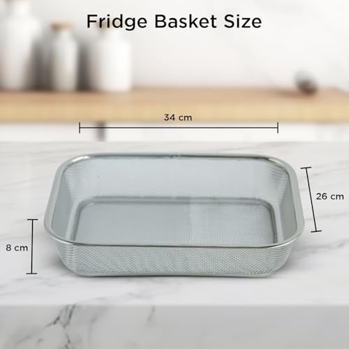Image of Zupa Rust-Proof Stainless Steel Rectangular Strainer & Storage Basket | Multipurpose Fruit, Vegetable & Fridge Organizer (Silver) | 34 X 26 X 8 CM | Set of 2