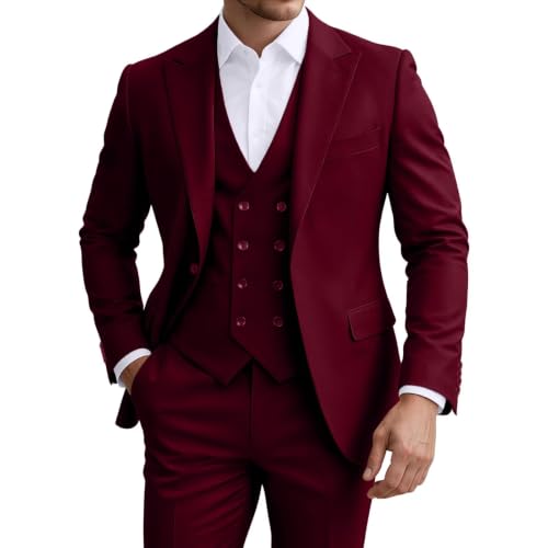 Dark Burgundy Suit for Men 3 Piece Prom Tuxedo Blazer Vest Pants Set S