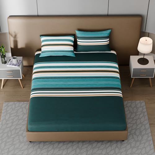 Image of BLISSHOME SoftTouch 150TC Cotton King Size Fitted Bedsheet with 2 Pillow Covers, Silky Smooth Bedding Set, Breathable, Easy Maintain, Geometric Pattern - Green (183cm x 198cm + 25cm Drop)