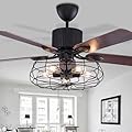 52" Farmhouse Caged Ceiling Fan with Light and Remote Control Rustic Industrial Chandelier Fan with 5 Reversible Wood Blades Black Retro Indoor Fandelier for Living Room Dining Room Bedroom