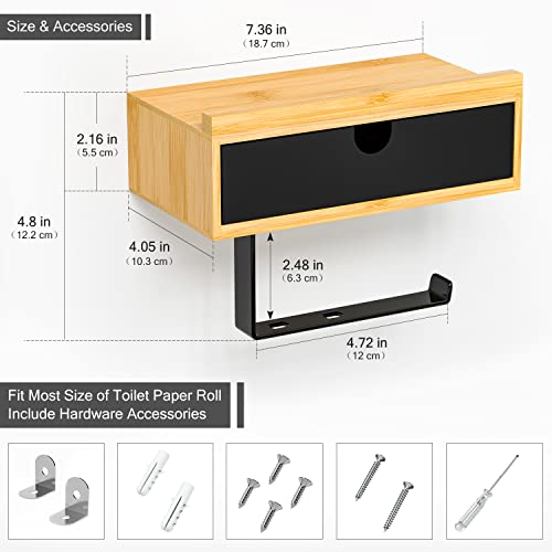 Black Toilet Paper Holder With Shelf - Bathroom Toilet Paper Holder Wall Mount Modern Phone Holder Toilet Paper Roll Holder With Storage Box For Organizer Tampon Or Small Items Bamboo #TOP5