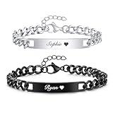 Personalised Couples Bracelets for Him Her - Custom Engraved Name His Hers Stainless Steel Cuban Chain Matching Bracelet Set for Girlfriend Boyfriend Husband Wife, Customised Gift Silver Black