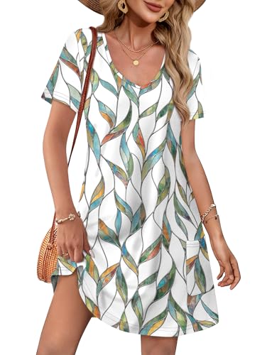 OFEEFAN Plus Size Summer Dresses for Women 2025 V Neck Short Sleeve Loose T Shirt Dress Sundresses with Pockets Beach Vacation Essentials Fashion Floral 01 XXL