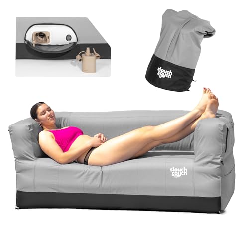 Slouch Couch | Air Sofa with Built-in Pump Hidden Cup Holders Storage Pockets | Durable Blow Up Couch with High-Performance Fabric for Camping Beach Home & Outdoors (Harbor Gray)