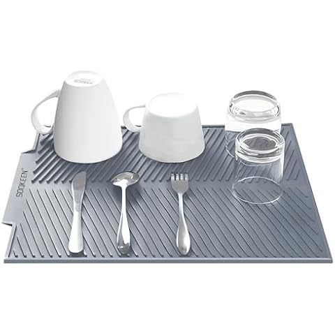SOQKEEN Silicone Drying Mat 17"x13" Dishes Drainer Mat with Grooves Non-Slip Heat Resistant Draining Mat Collapsible Kitchen Dryer Dish Pad Fruits Drainer Mat for Sink Counter Worktop(Light Grey) Cover