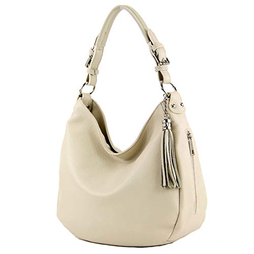 modamoda de T200 Damen Leder Schultertasche Henkeltasche handmade in Italy, Farbe:Creme