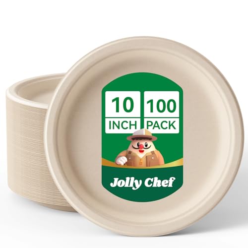 JOLLY CHEF Compostable Heavy Duty Plates  [ ] Eco-Friendly Disposable Natural Paper Plate Bagasse Biodegradable Food Trays for Party Dinner Hot Cold Food Christmas (Brown)