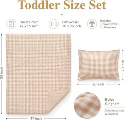Image of TISU Toddler Crib Duvet Cover Sized 47 x 59 inch Gingham Patterned Soft Muslin Double Gauze Bedding Boy Girl Nursery Kids Sheet Bedsheets (Beige Gingham /Toddler)