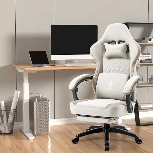 Dowinx Gaming Stuhl Stoff, Massage Gaming Sessel mit Fußstütze, Ergonomischer PC Stuhl Gamer Stuhl Bürostuhl 150 kg belastbarkeit, Beige – Bild 3