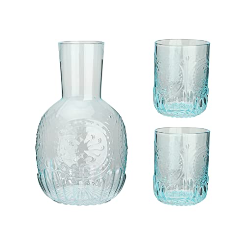 Set di Caraffa per Acqua e Bicchiere da Comodino, Caraffa per Acqua da Comodino in Cristallo da 44 Once con 2 Tazze di Vetro per Bicchiere, Bottiglia per Collutorio per Succo di Vetro per(Blu)