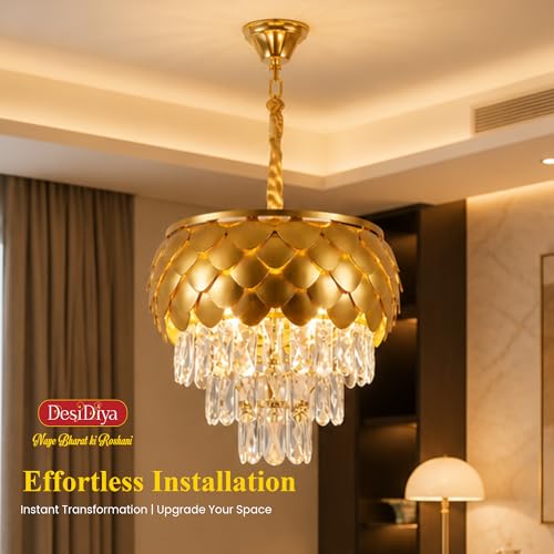 Image of Desidiya Golden Crystal Chandelier 400MM 3-Tier LED Ceiling Light | Luxury pineapple-inspired golden chandelier with premium K9 crystal droplets for elegant modern interiors.
