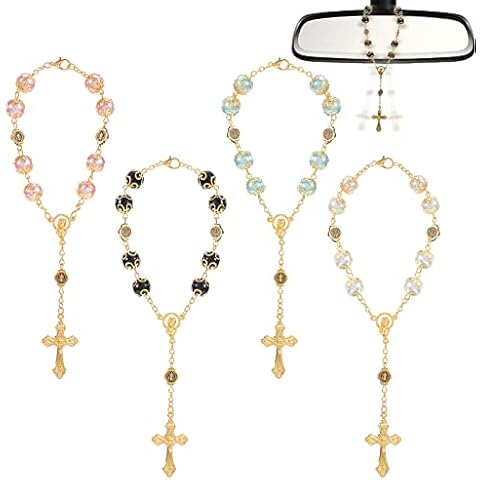 4Pcs Car Pendant Rosary Beads Catholic, Cross Car Rearview Mirror Hanging Ornament Auto Interior and Home Decoration Accessories Pearls Baptism Rosary Bracelet Car Hanging Accessories Interior Decors Cover