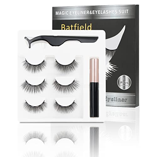 Image of Batfield 3 Pairs of False Eyelashes Magnetic with Eyeliner and Tweezer, 3D Natural Mixed Style magnetic Lashes, Reusable Magnetic Eyelashes for women(Style 2)