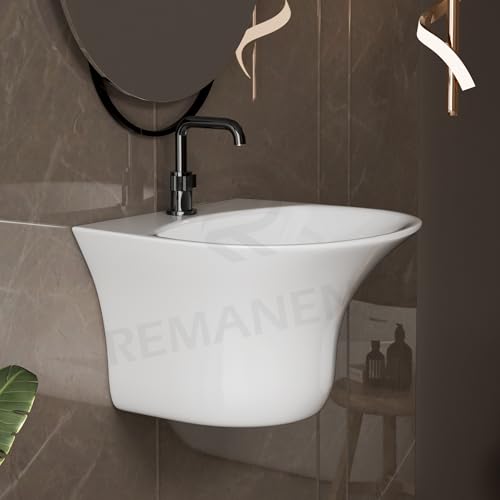 Image of REMANENCE Luxury Wall Mount Half Pedestal Wash Basin for Bathroom | Designer Wall Hung Basin | Wall Mounted Washbasin for Resturent, Hotels (16 x 16 x 11 Inch) (Glossy White)