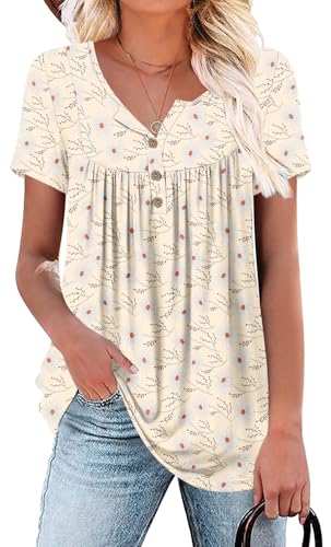 POPYOUNG Women's Summer Tops Short Sleeve Tunic Loose Fitting Blouses Henley Shirts