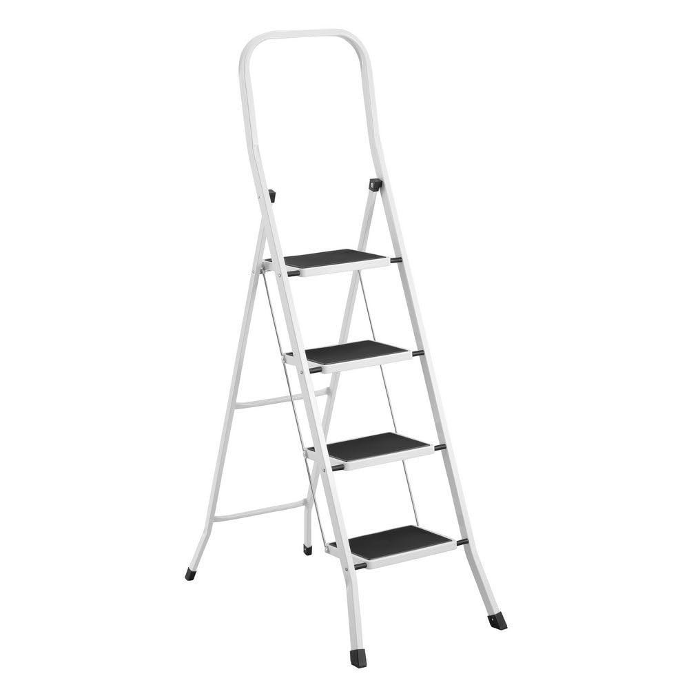 LOLAhome - Escalera Plegable de 4 peldaños Antideslizantes de Acero Color Blanco. Soporta 150 kg. Medidas Abierta: 46x86x156 cm. Medidas plegada: 46x4x165 cm. Cumple normativa EN14183
