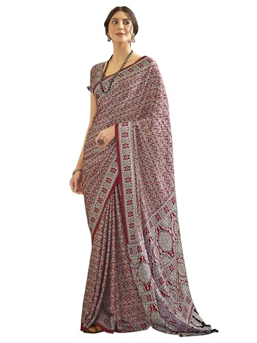Image of SAREE MALL Women's Ajrkh Print Satin Crepe Polka Dot Printed Saree With Unstitched Blouse Piece