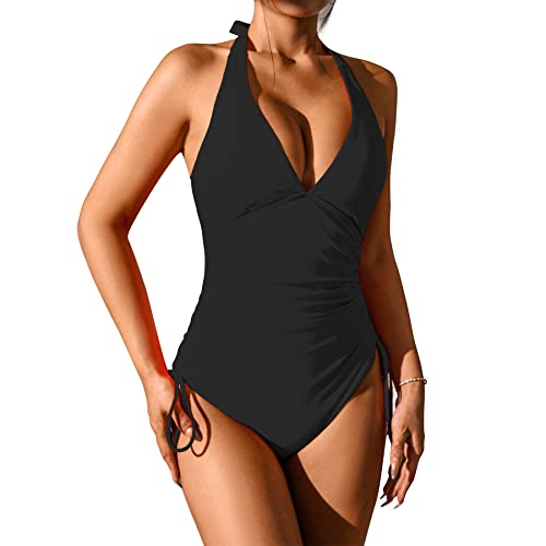 Zando Ruched High Cut One Piece Swimsuit Tie Side Bathing Suit For Women Drawstring Tummy Control Women's One-Piece Swimsuits Sexy Swimsuit For Women Monokini Swimwear For Women Black 12-14 #TOP4