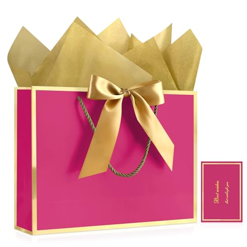 Image of JMANNI Gift Bags with Handles, 13 inch Medium Gift Bags with Tissue Paper | 1 Pcs Rose Red Bag, 2 Tissue Paper and 1 Cards, for Baby Shower, Wedding Bridal Shower, Birthday Party