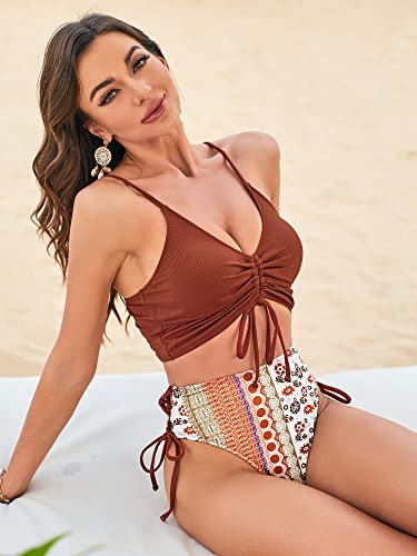 Zaful Womens V Neck Lace Up Bikini Set Swimsuits High Waisted Bohemian Tankini 2 Piece Bathing Suit (Brown, S) #TOP5