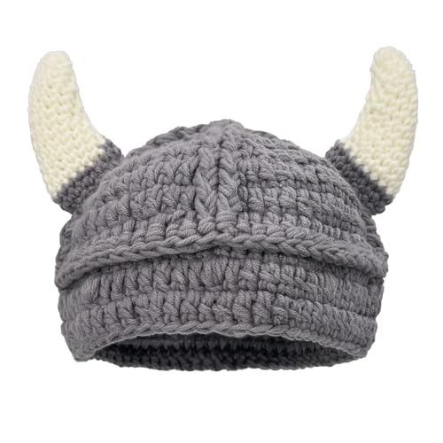 Hshsclth Viking Knit Hat with Bull Horns Barbarian Horn Crochet Viking Helmet Halloween Costume Beanie for Kids and Adults (US Alpha One Size Grey)