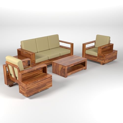 Image of Solid Sheesham Wood 5 Seater Sofa Set | Five Person Sofa with Drawer Storage | 3+1+1 Wooden 5 Seater Sofa Set for Living Room Home Decor (Design 26)