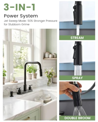 Image of APPASO 4 Hole Kitchen Faucet Matte Black, Dual Handle with Soap Dispenser | Black Kitchen Faucet with Pull Down Sprayer, Square Neck Stainless Steel, Fit for 3 or 4 Holes Standard Sinks, Spot Resist